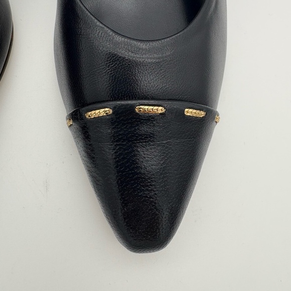 Joyce Vintage Dark Navy Kidskin Leather Pointed Toe Heels with Gold Toe Accent - Picture 3 of 15